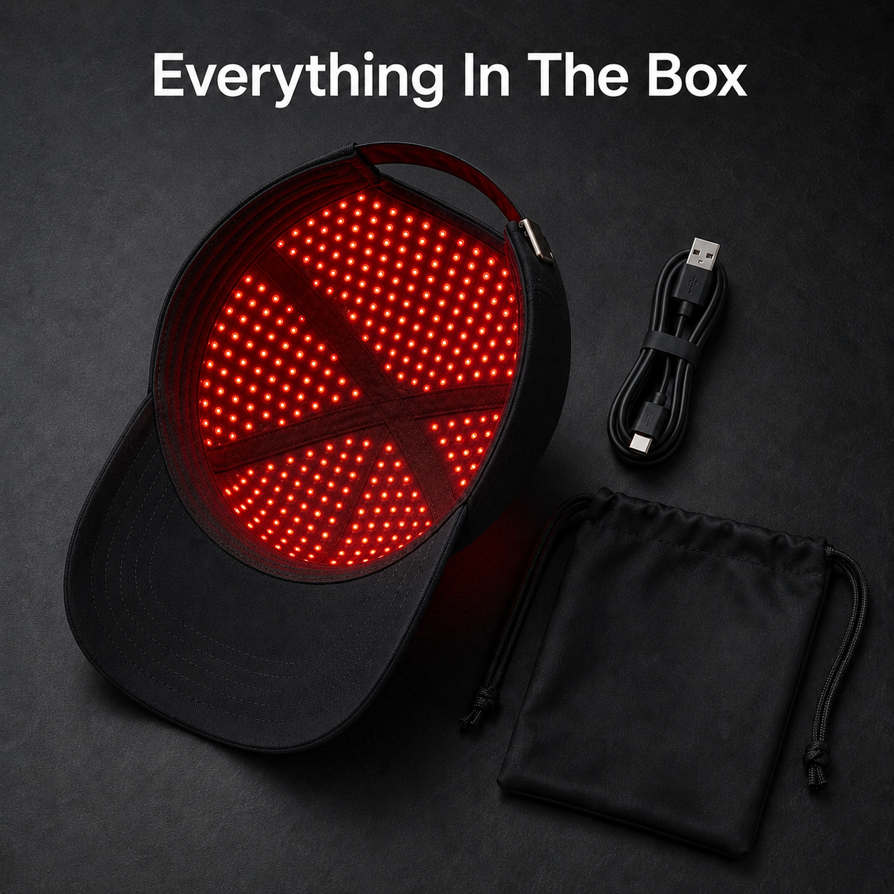 LumaGrow Pro cap, USB-C charging cable and travel pouch