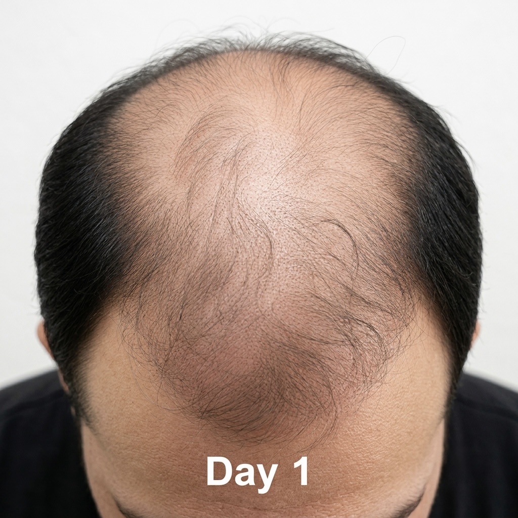 Scalp on Day 1 — visible thinning and bald patch