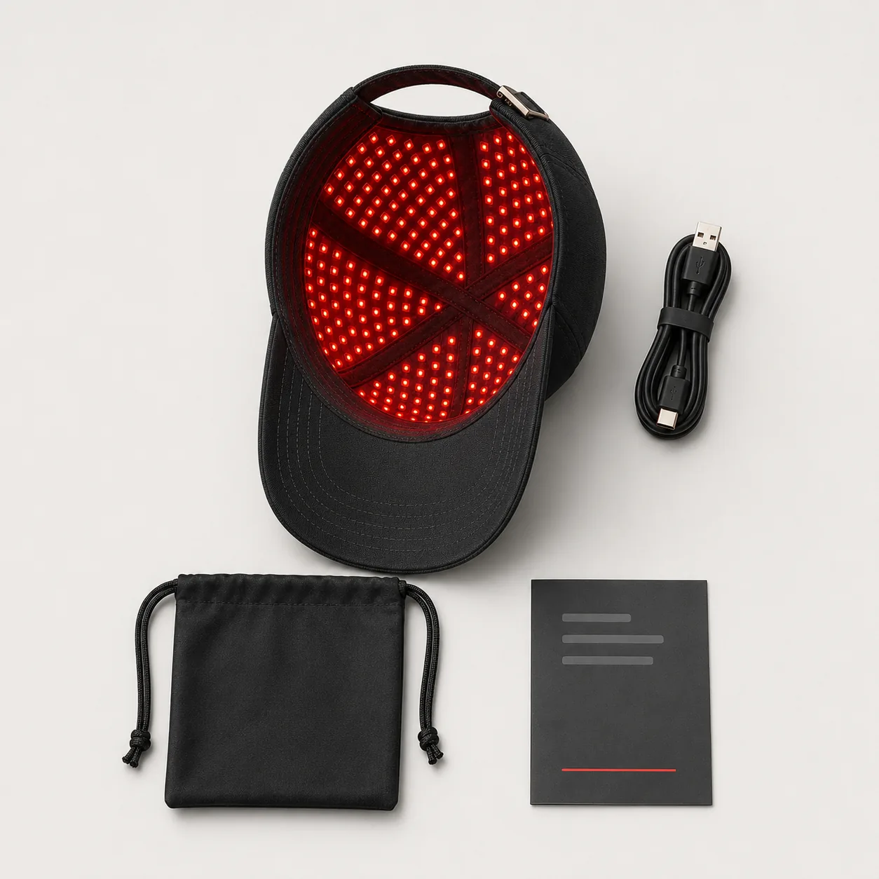 LumaGrow Pro cap, USB-C charging cable and travel pouch